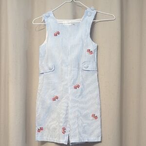 Cactus Blue and White Striped Kids Romper with Red Embroidery